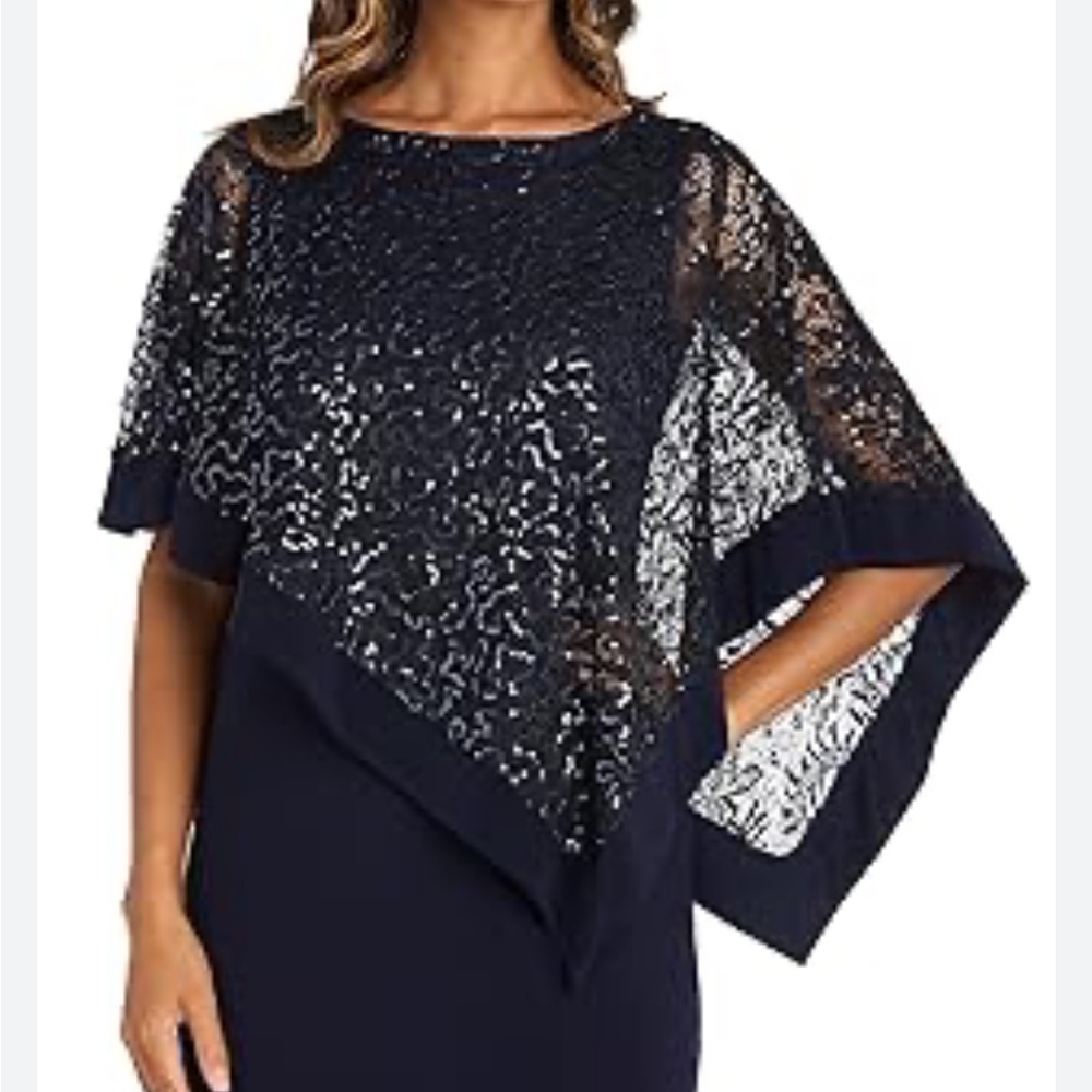 R&M Richards Midnight Blue Sequined Caplet Knee Length Dress | Size 10